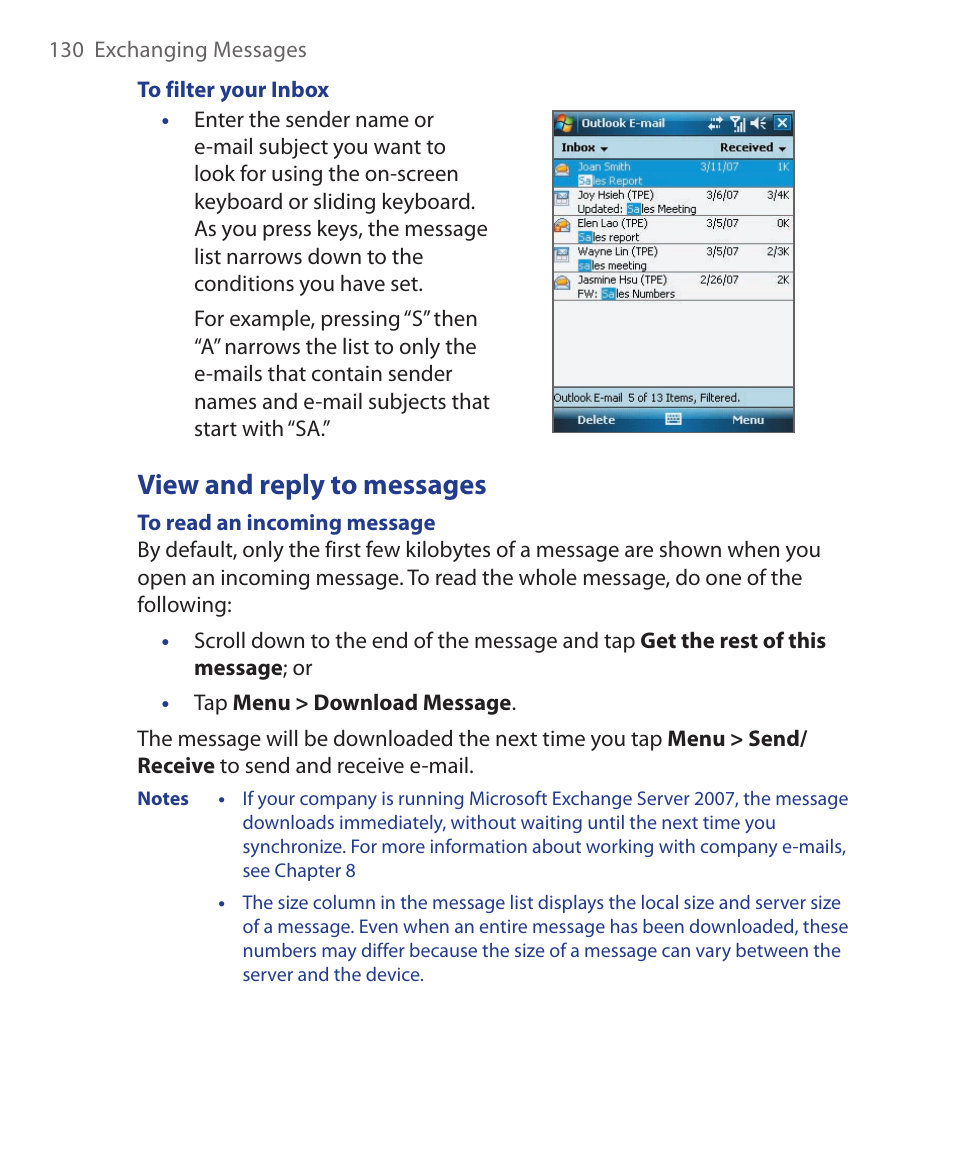 View and reply to messages | ArcSoft Wing HERA110 User Manual | Page 130 / 258