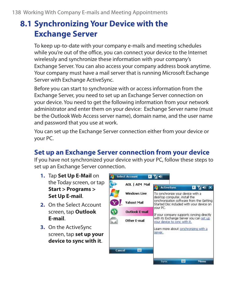 1 synchronizing your device with, The exchange server | ArcSoft Wing HERA110 User Manual | Page 138 / 258