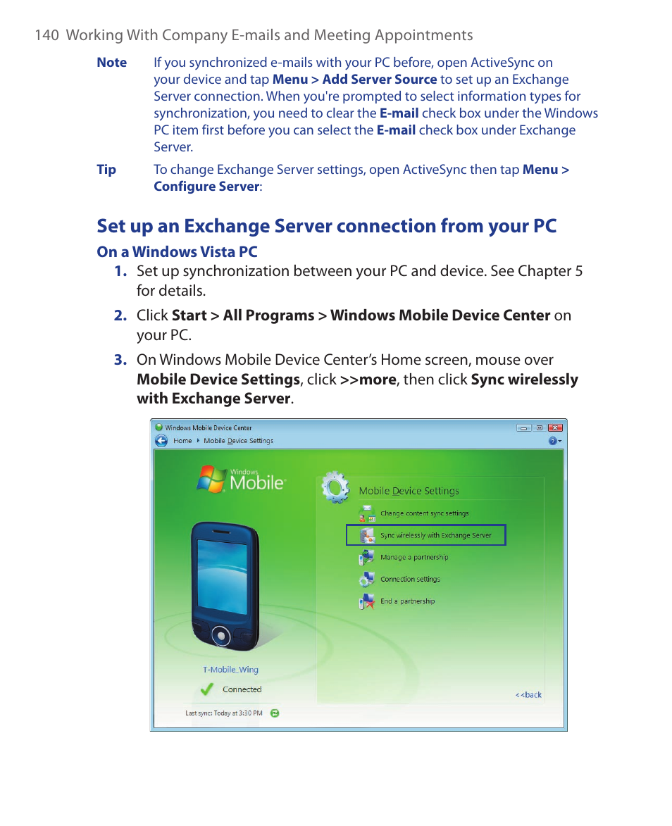 Set up an exchange server connection from your pc | ArcSoft Wing HERA110 User Manual | Page 140 / 258