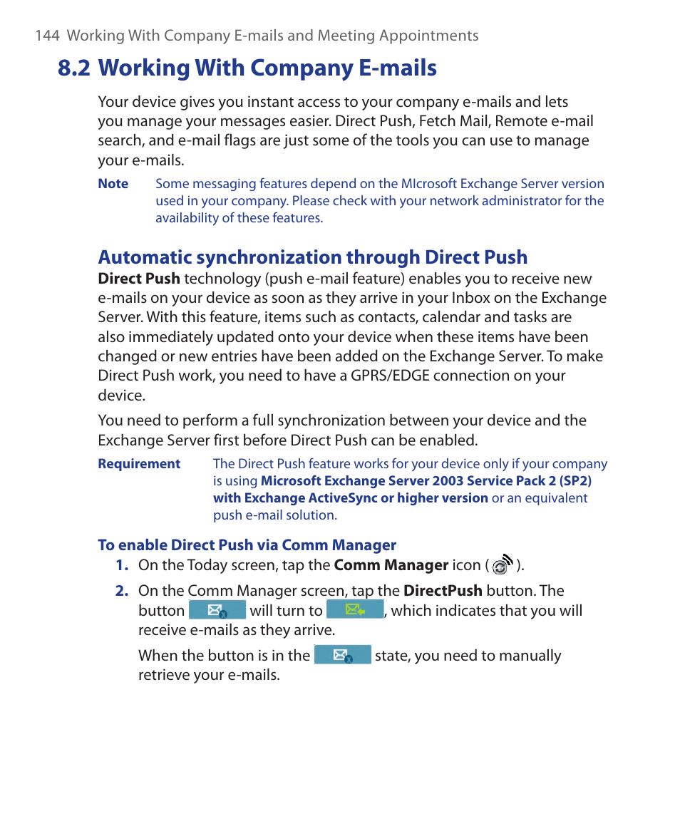 2 working with company e-mails, Automatic synchronization through direct push | ArcSoft Wing HERA110 User Manual | Page 144 / 258