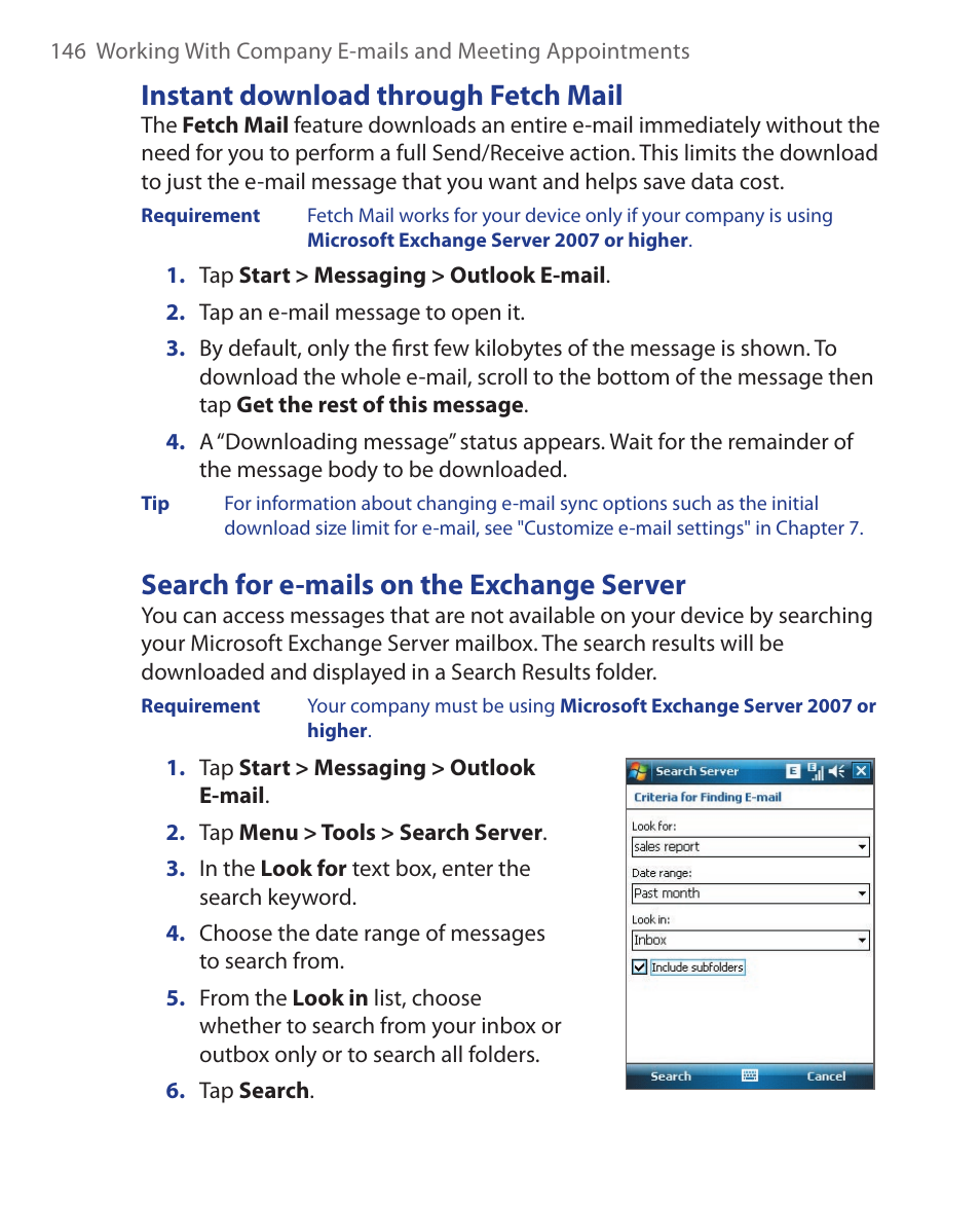 Instant download through fetch mail, Search for e-mails on the exchange server | ArcSoft Wing HERA110 User Manual | Page 146 / 258