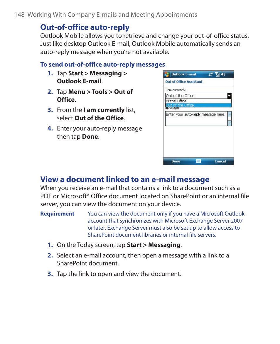 Out-of-office auto-reply, View a document linked to an e-mail message | ArcSoft Wing HERA110 User Manual | Page 148 / 258