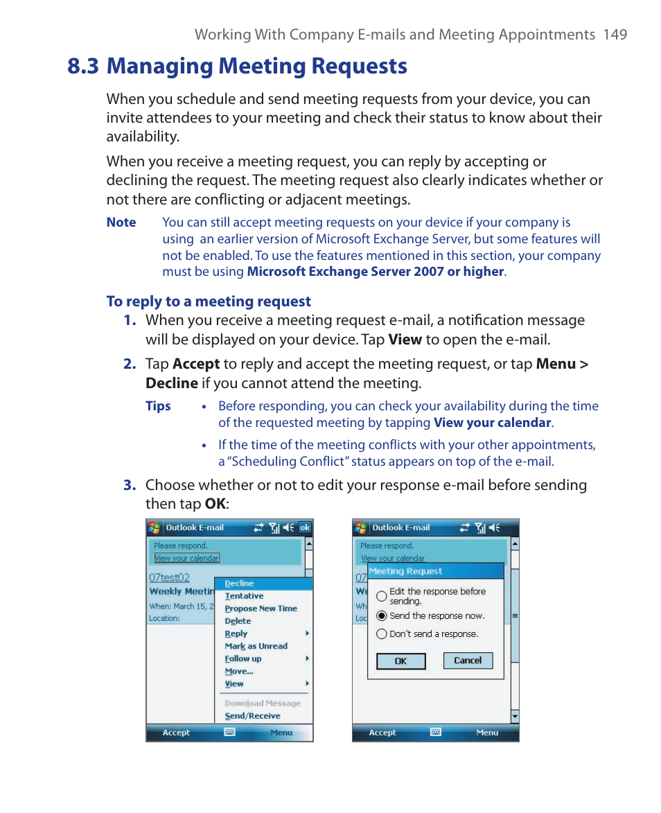3 managing meeting requests | ArcSoft Wing HERA110 User Manual | Page 149 / 258