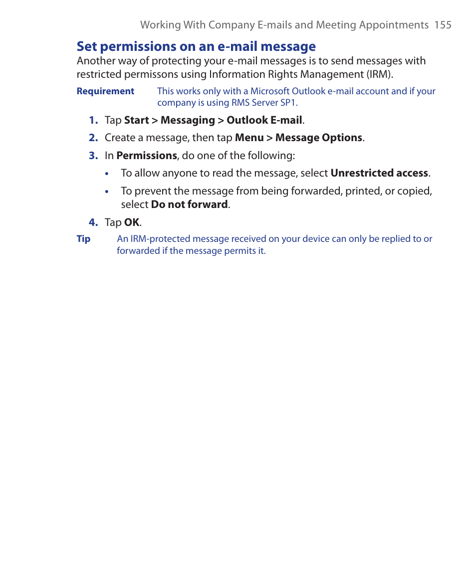 Set permissions on an e-mail message | ArcSoft Wing HERA110 User Manual | Page 155 / 258