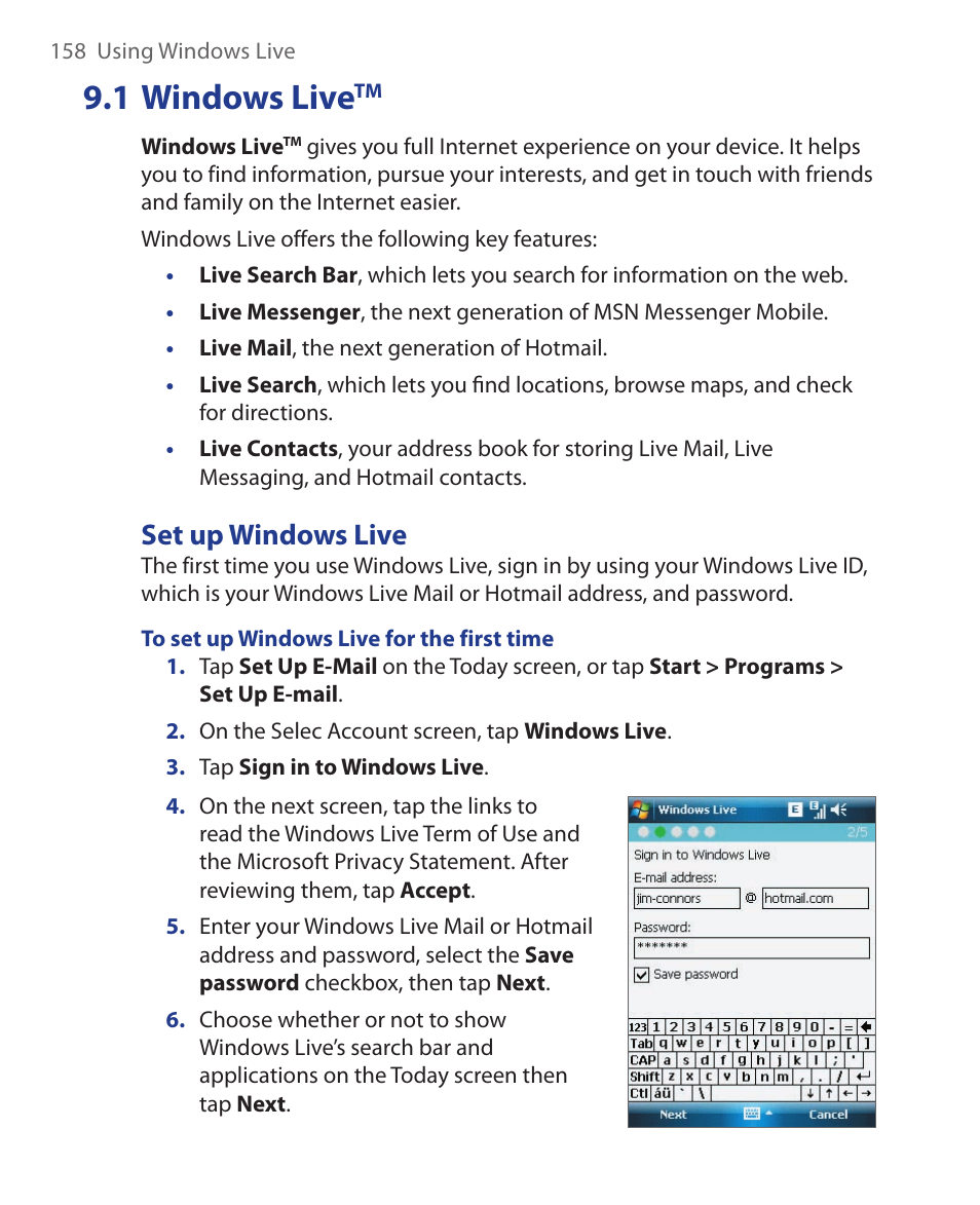 1 windows live, Set up windows live | ArcSoft Wing HERA110 User Manual | Page 158 / 258