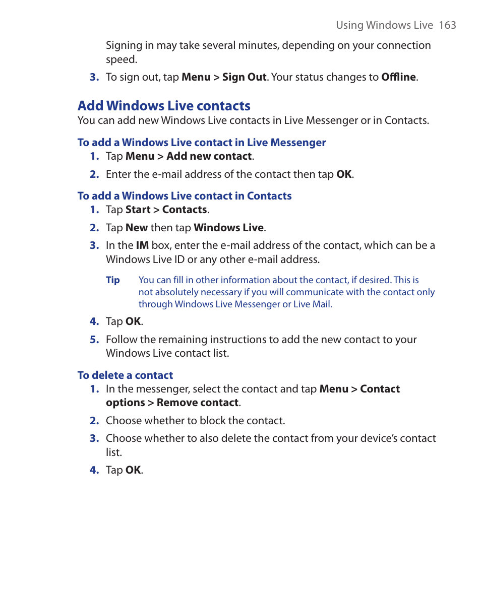 Add windows live contacts | ArcSoft Wing HERA110 User Manual | Page 163 / 258