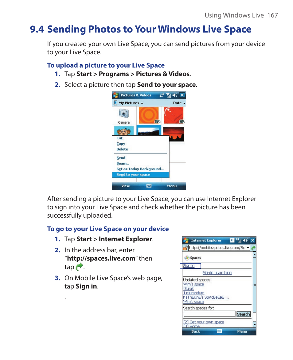 4 sending photos to your, Windows live space, 4 sending photos to your windows live space | ArcSoft Wing HERA110 User Manual | Page 167 / 258