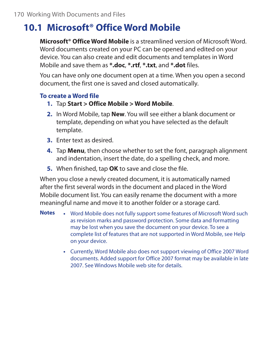 1 microsoft® office word mobile | ArcSoft Wing HERA110 User Manual | Page 170 / 258