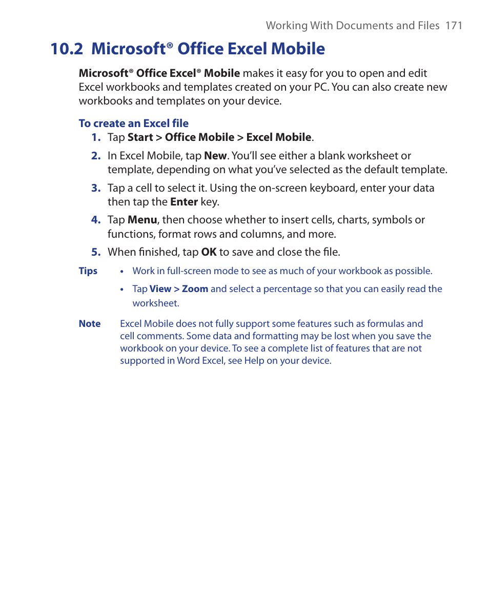 2 microsoft® office excel mobile | ArcSoft Wing HERA110 User Manual | Page 171 / 258