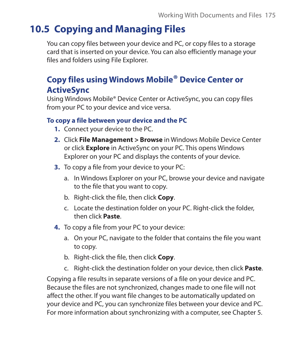 5 copying and managing files, Copy files using windows mobile, Device center or activesync | ArcSoft Wing HERA110 User Manual | Page 175 / 258