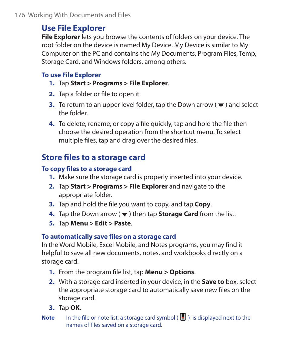 Use file explorer, Store files to a storage card | ArcSoft Wing HERA110 User Manual | Page 176 / 258