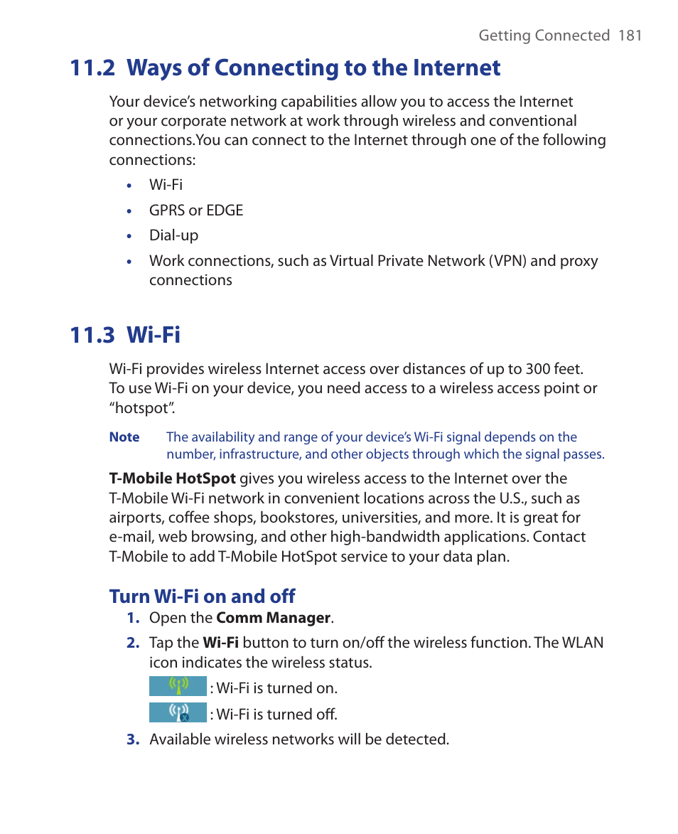2 ways of connecting to the internet, 3 wi-fi, Turn wi-fi on and off | ArcSoft Wing HERA110 User Manual | Page 181 / 258