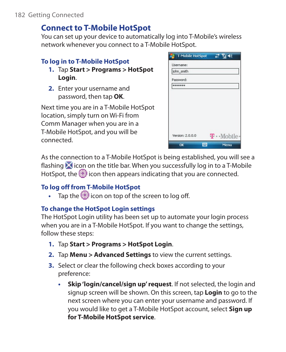 Connect to t-mobile hotspot | ArcSoft Wing HERA110 User Manual | Page 182 / 258
