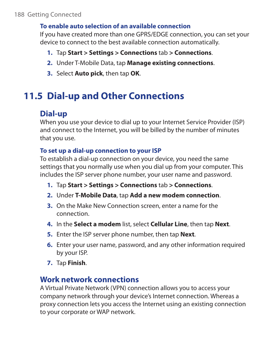5 dial-up and other connections, Dial-up, Work network connections | ArcSoft Wing HERA110 User Manual | Page 188 / 258