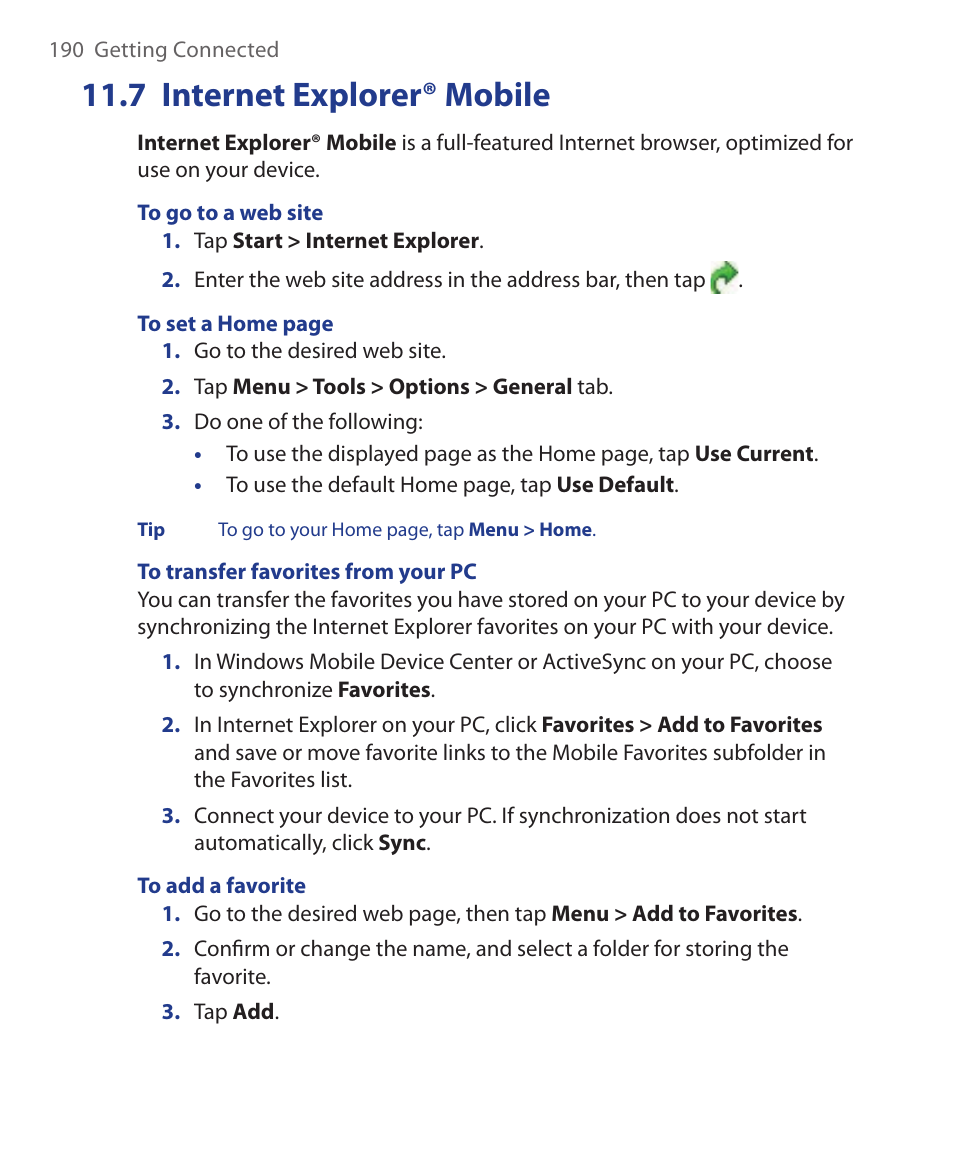 7 internet explorer® mobile | ArcSoft Wing HERA110 User Manual | Page 190 / 258