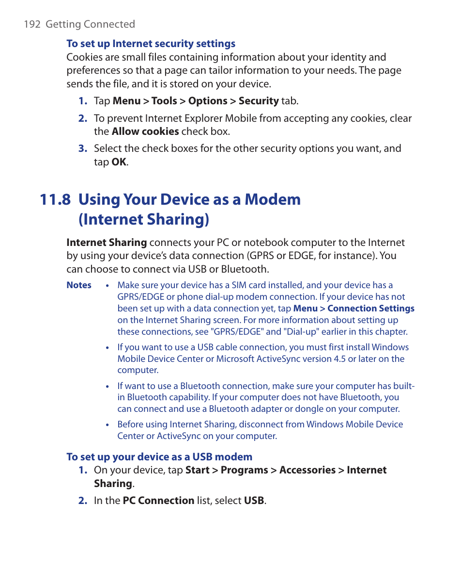 8 using your device as a modem, Internet sharing), 8 using your device as a modem (internet sharing) | ArcSoft Wing HERA110 User Manual | Page 192 / 258