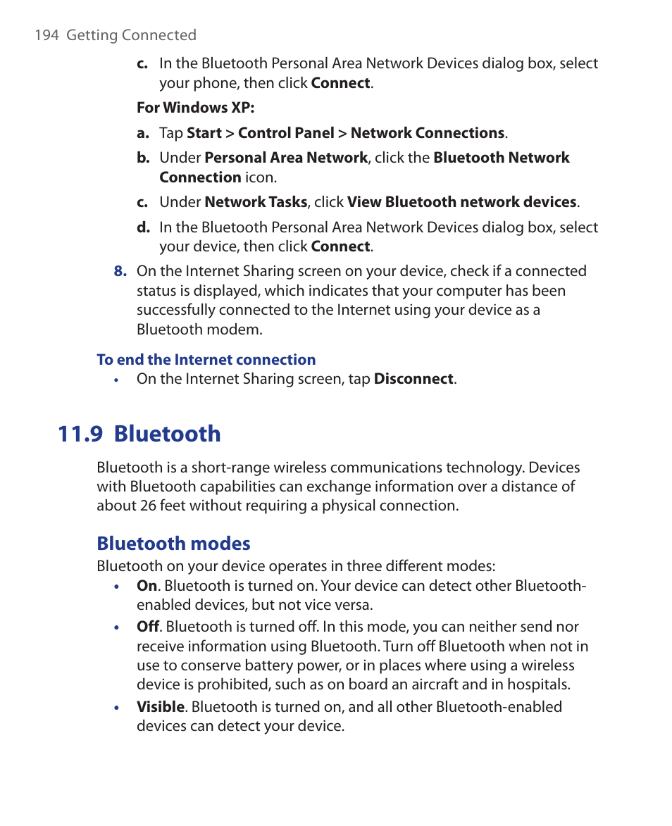 9 bluetooth, Bluetooth modes | ArcSoft Wing HERA110 User Manual | Page 194 / 258