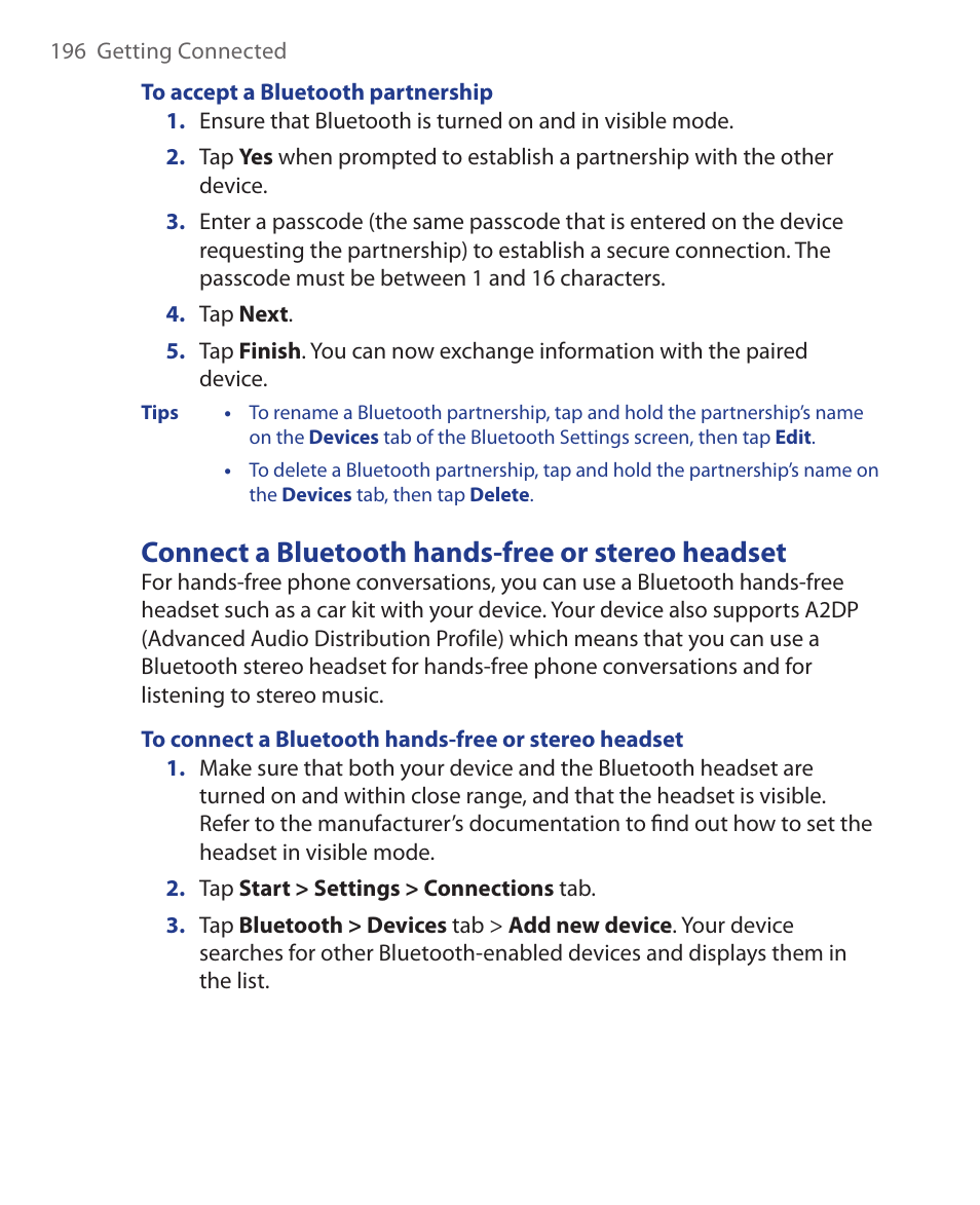 Connect a bluetooth hands-free or stereo headset | ArcSoft Wing HERA110 User Manual | Page 196 / 258
