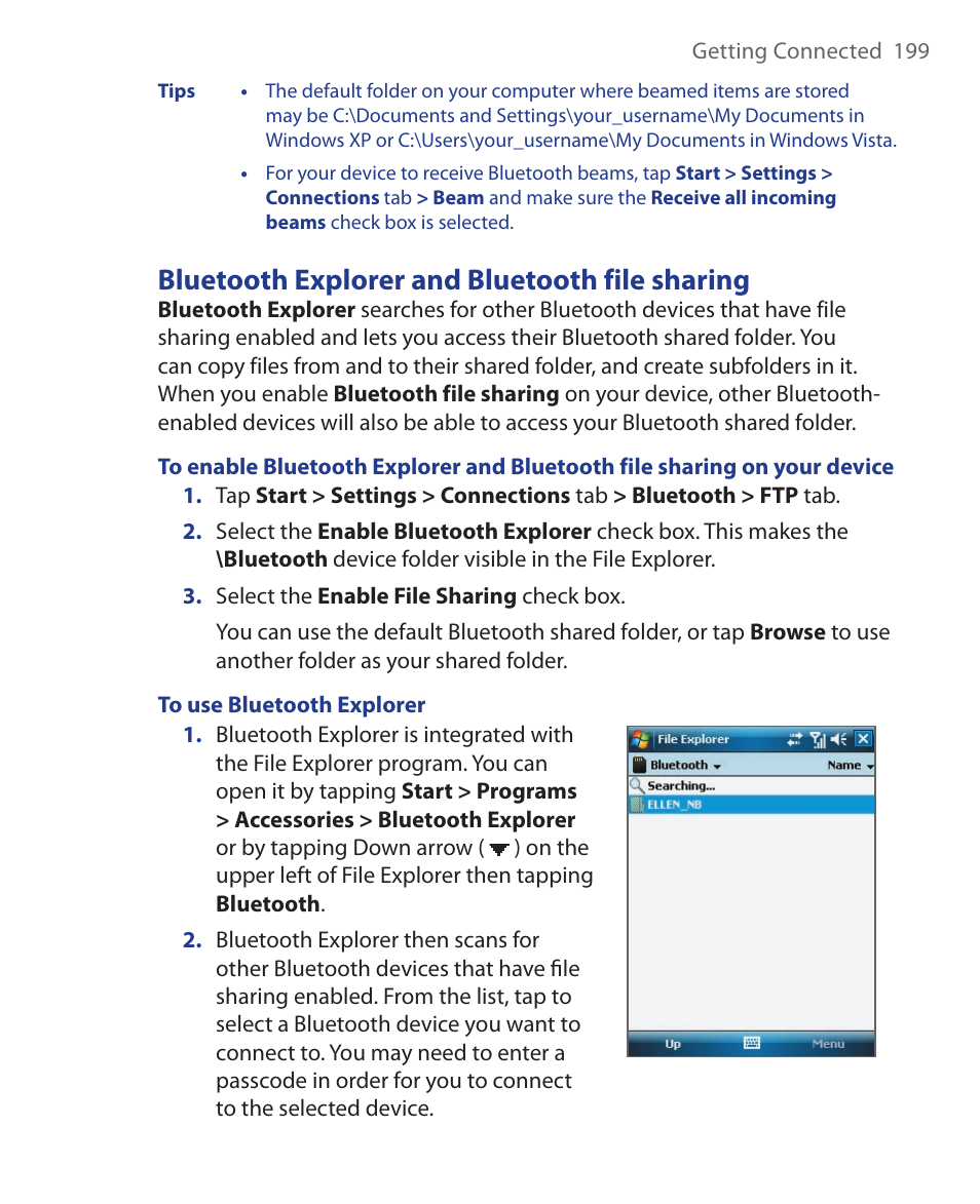 Bluetooth explorer and bluetooth file sharing | ArcSoft Wing HERA110 User Manual | Page 199 / 258