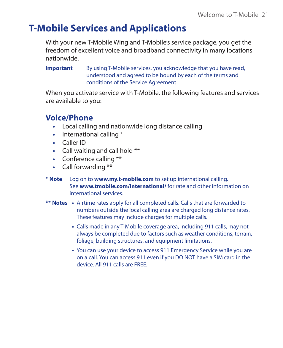 T-mobile services and applications, Voice/phone | ArcSoft Wing HERA110 User Manual | Page 21 / 258