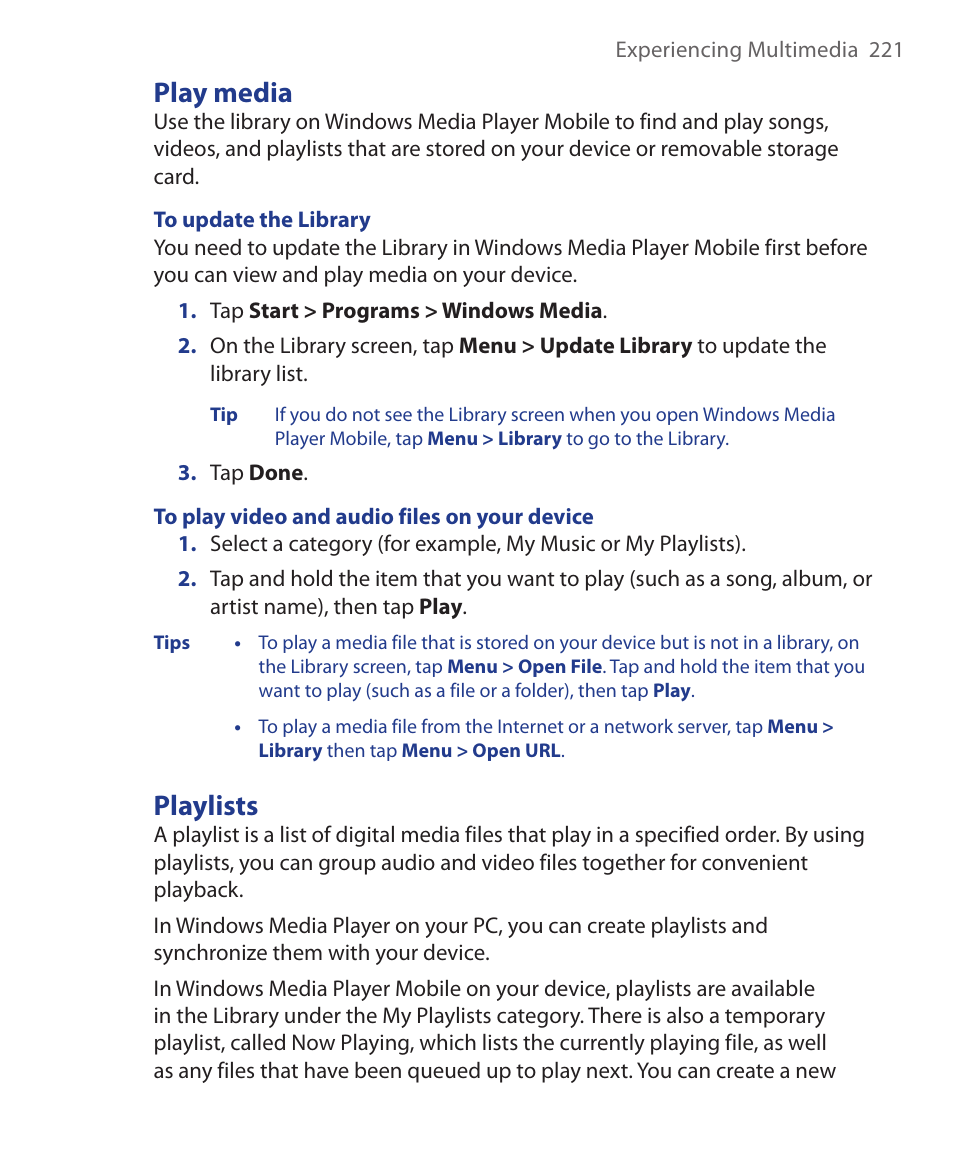 Play media, Playlists | ArcSoft Wing HERA110 User Manual | Page 221 / 258