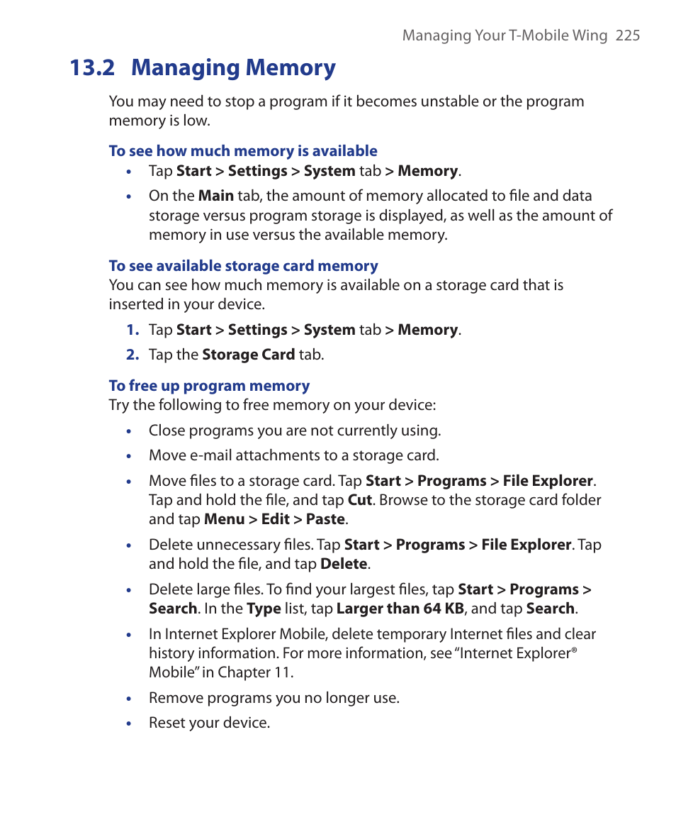 2 managing memory | ArcSoft Wing HERA110 User Manual | Page 225 / 258