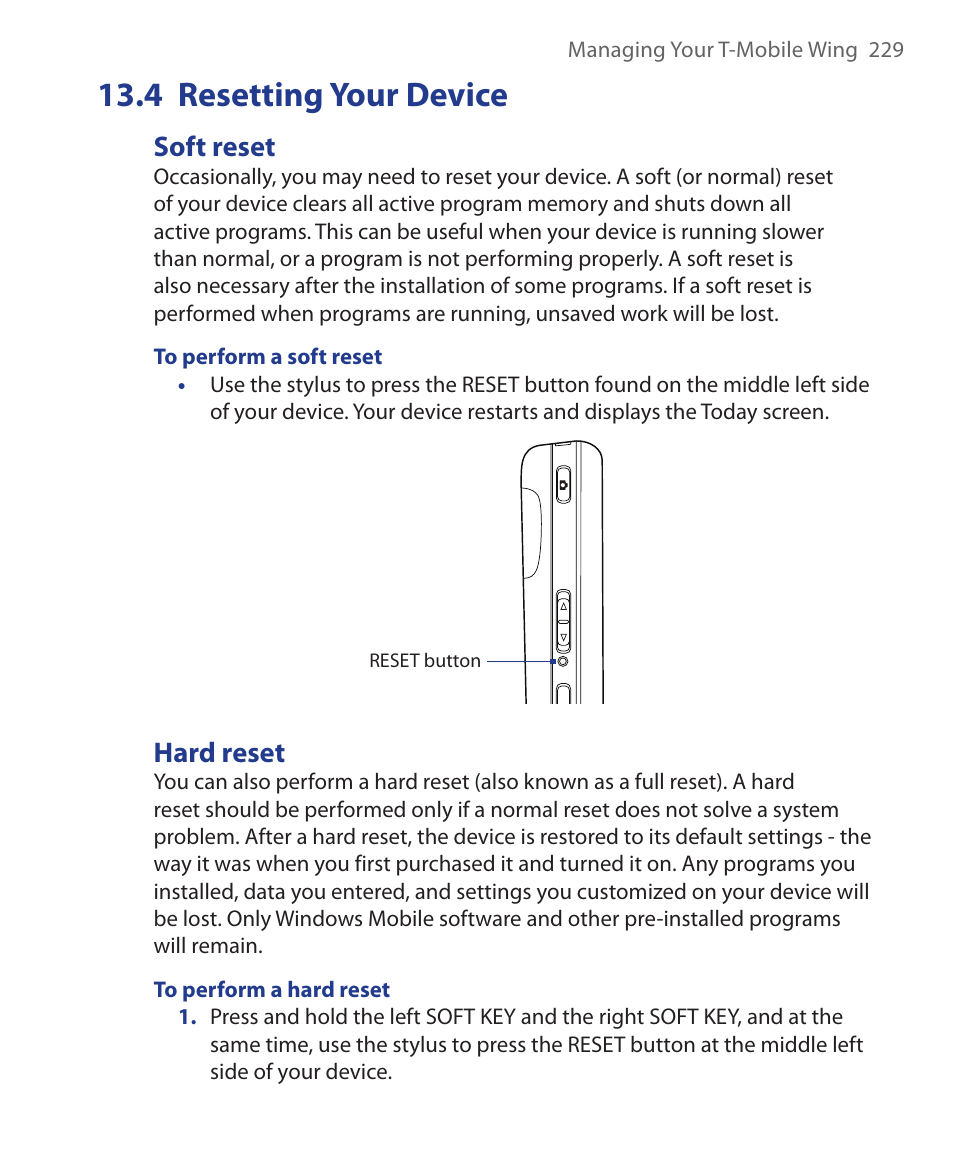 4 resetting your device, Soft reset, Hard reset | ArcSoft Wing HERA110 User Manual | Page 229 / 258