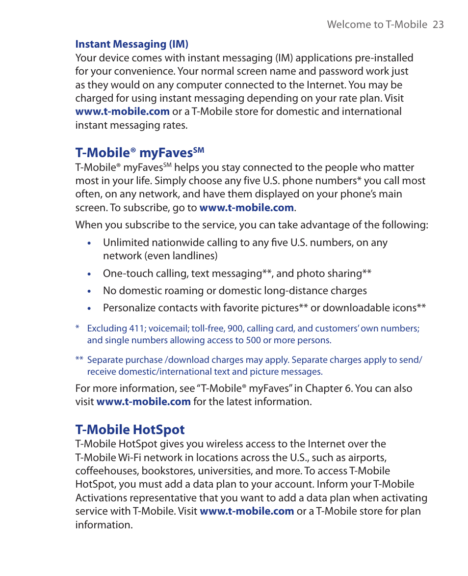 T-mobile® myfaves, T-mobile hotspot | ArcSoft Wing HERA110 User Manual | Page 23 / 258