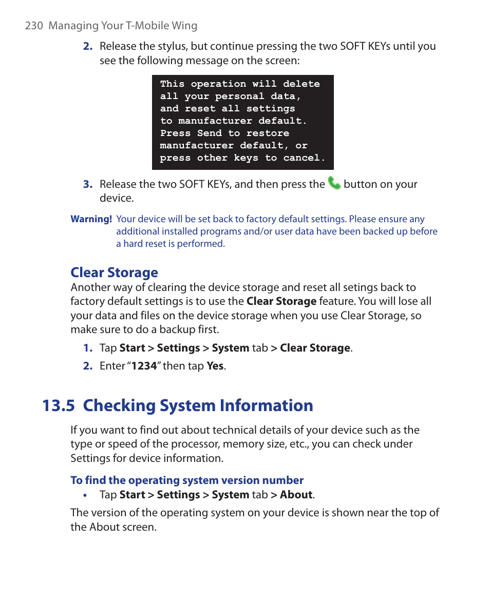 5 checking system information, Clear storage | ArcSoft Wing HERA110 User Manual | Page 230 / 258