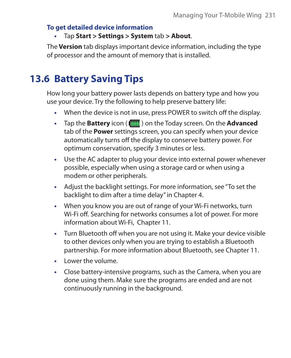 6 battery saving tips | ArcSoft Wing HERA110 User Manual | Page 231 / 258