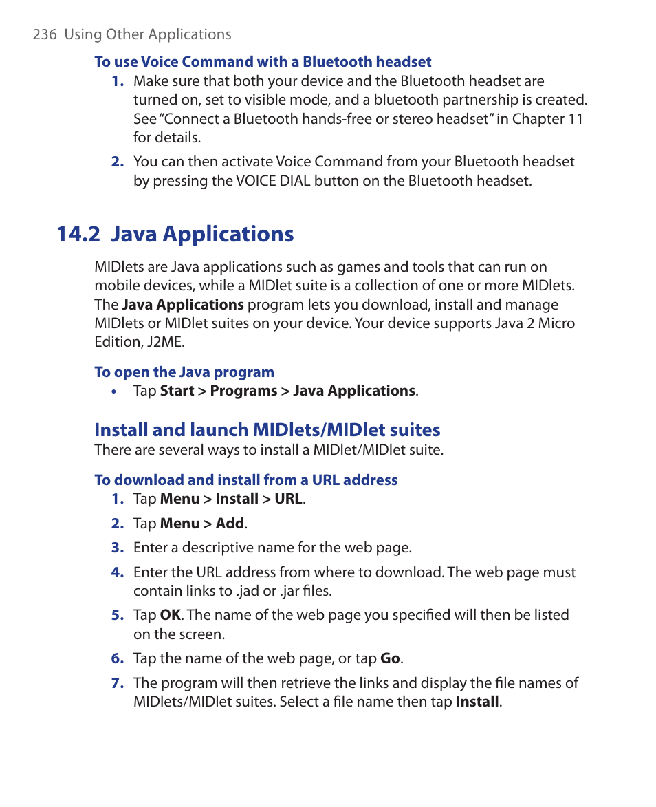 2 java applications, Install and launch midlets/midlet suites | ArcSoft Wing HERA110 User Manual | Page 236 / 258