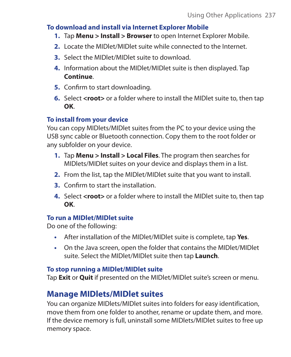 Manage midlets/midlet suites | ArcSoft Wing HERA110 User Manual | Page 237 / 258