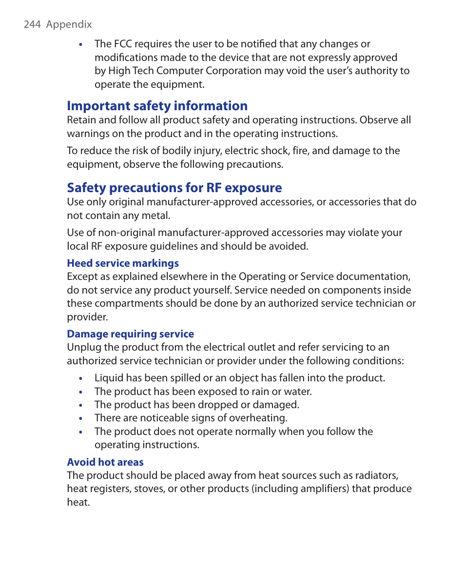 Important safety information, Safety precautions for rf exposure | ArcSoft Wing HERA110 User Manual | Page 244 / 258
