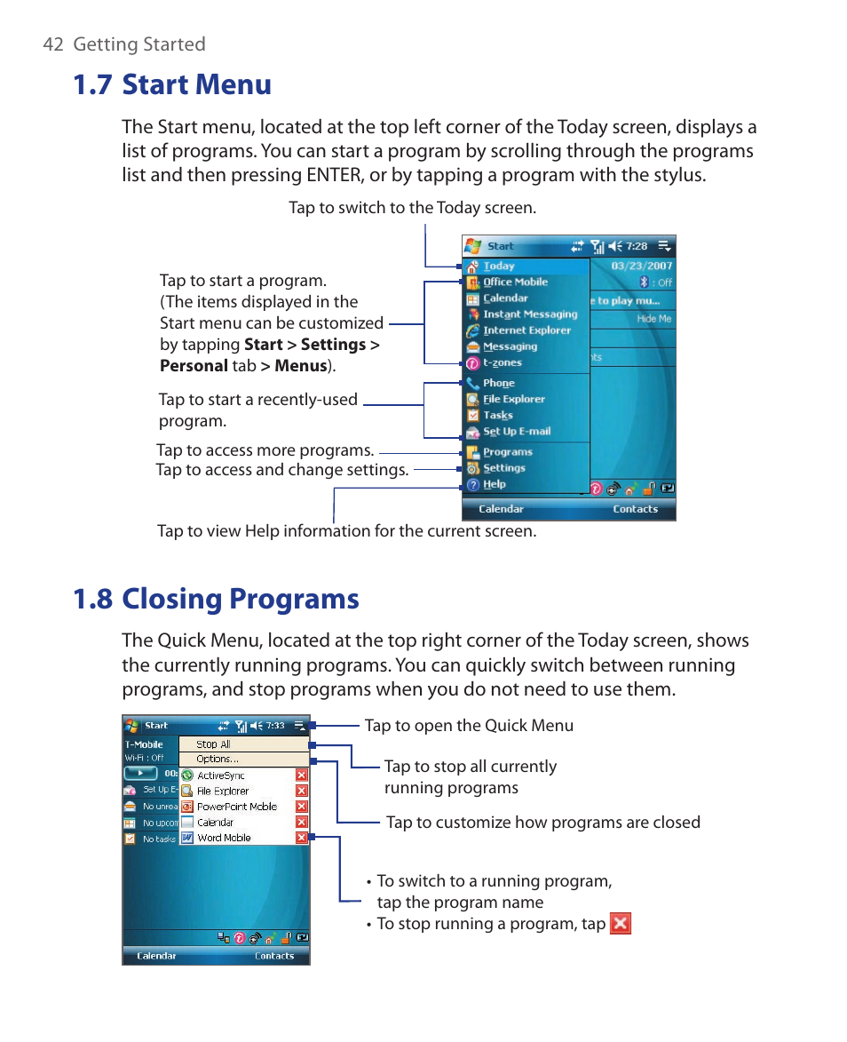 7 start menu, 8 closing programs | ArcSoft Wing HERA110 User Manual | Page 42 / 258