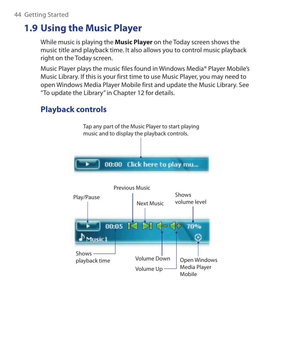 9 using the music player, Playback controls | ArcSoft Wing HERA110 User Manual | Page 44 / 258