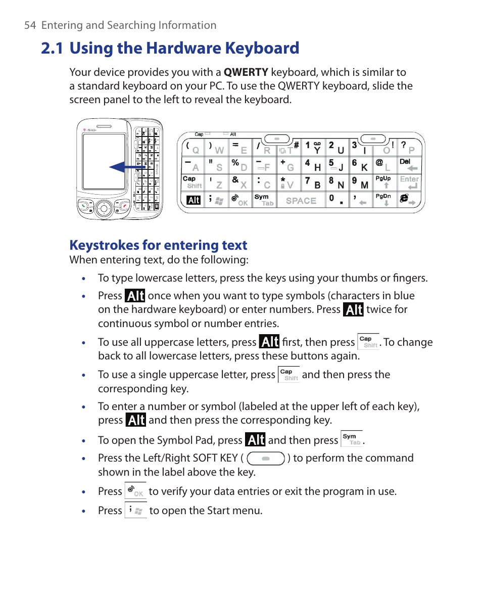 1 using the hardware keyboard, Keystrokes for entering text, 54 entering and searching information | ArcSoft Wing HERA110 User Manual | Page 54 / 258