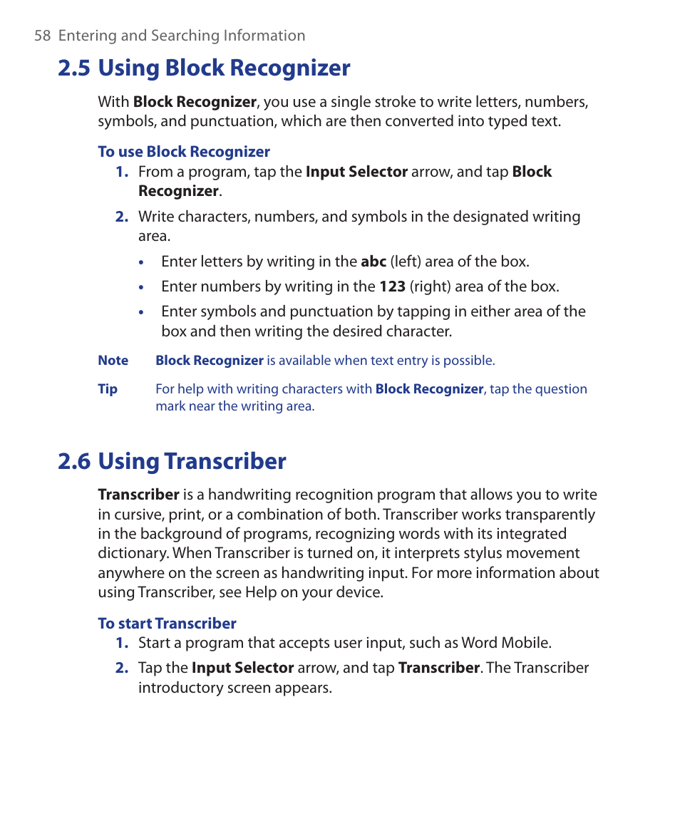 5 using block recognizer, 6 using transcriber | ArcSoft Wing HERA110 User Manual | Page 58 / 258