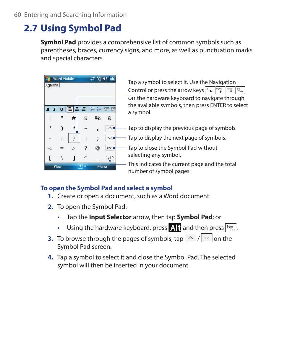 7 using symbol pad | ArcSoft Wing HERA110 User Manual | Page 60 / 258