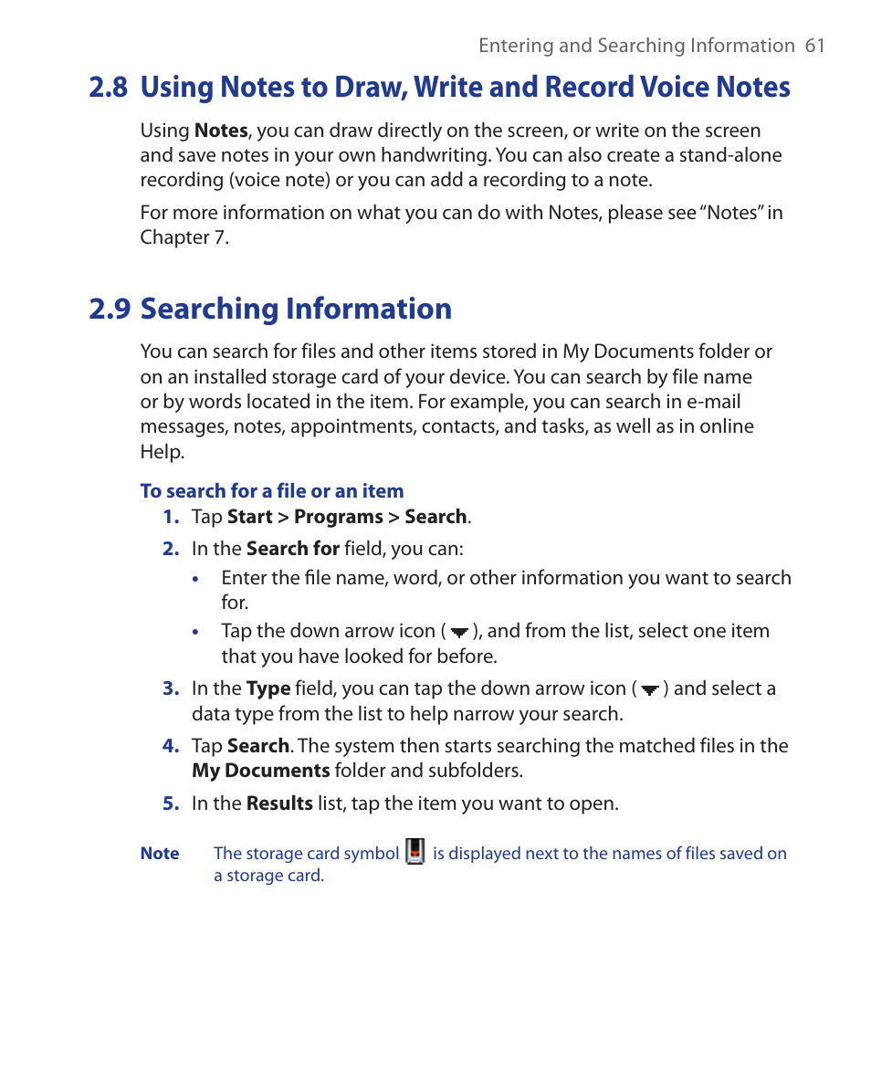 8 using notes to draw, write and, Record voice notes, 9 searching information | ArcSoft Wing HERA110 User Manual | Page 61 / 258
