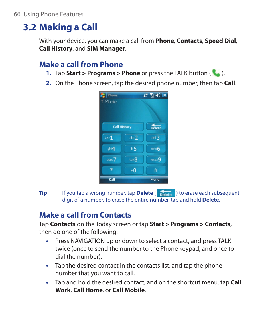 2 making a call, Make a call from phone, Make a call from contacts | ArcSoft Wing HERA110 User Manual | Page 66 / 258