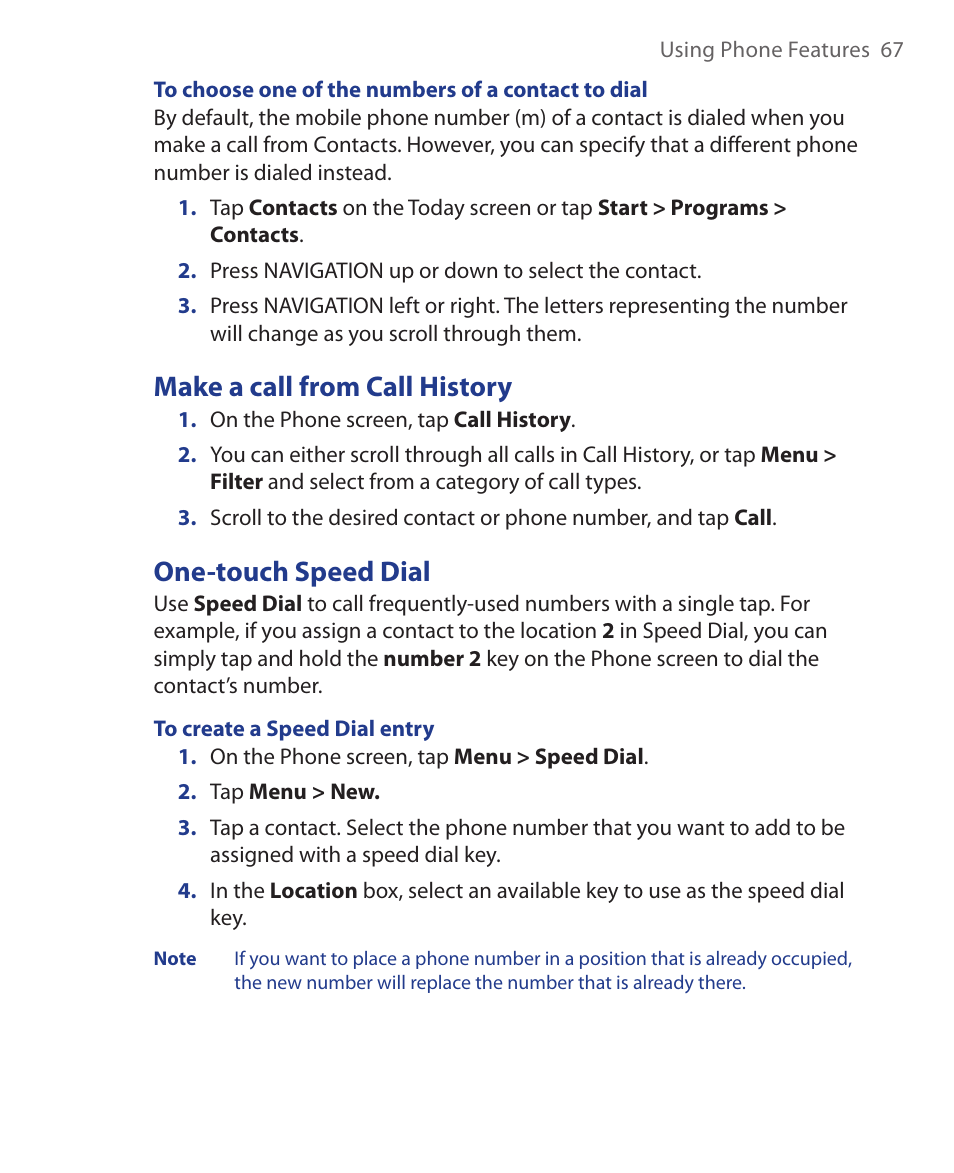 Make a call from call history, One-touch speed dial | ArcSoft Wing HERA110 User Manual | Page 67 / 258