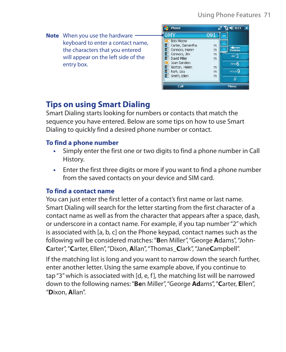 Tips on using smart dialing | ArcSoft Wing HERA110 User Manual | Page 71 / 258