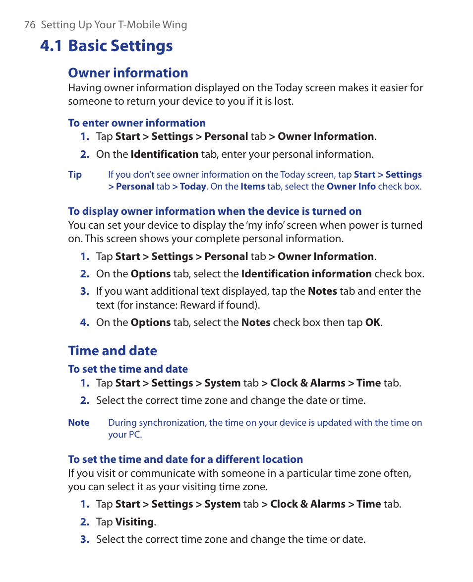 1 basic settings, Owner information, Time and date | ArcSoft Wing HERA110 User Manual | Page 76 / 258