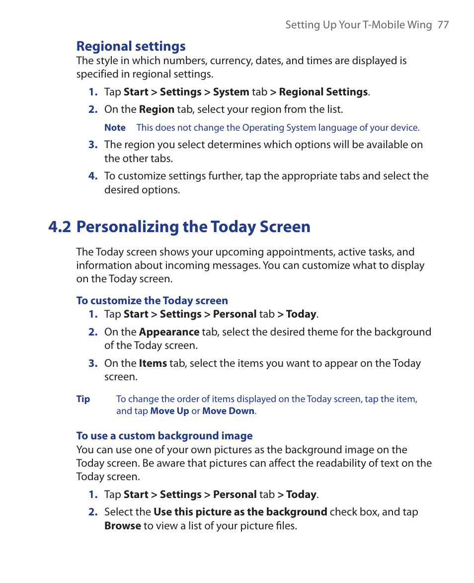 2 personalizing the today screen, Regional settings | ArcSoft Wing HERA110 User Manual | Page 77 / 258