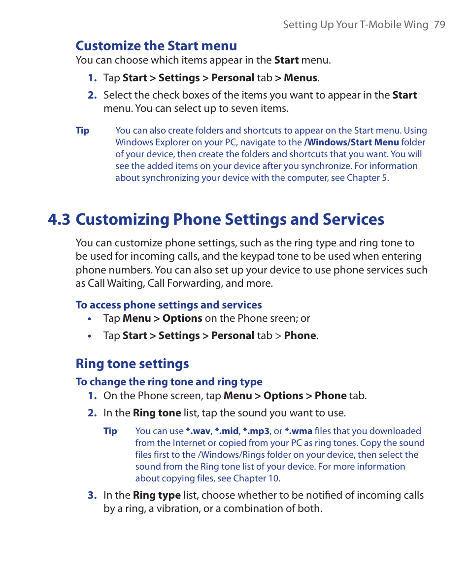 3 customizing phone settings and services, Customize the start menu, Ring tone settings | ArcSoft Wing HERA110 User Manual | Page 79 / 258