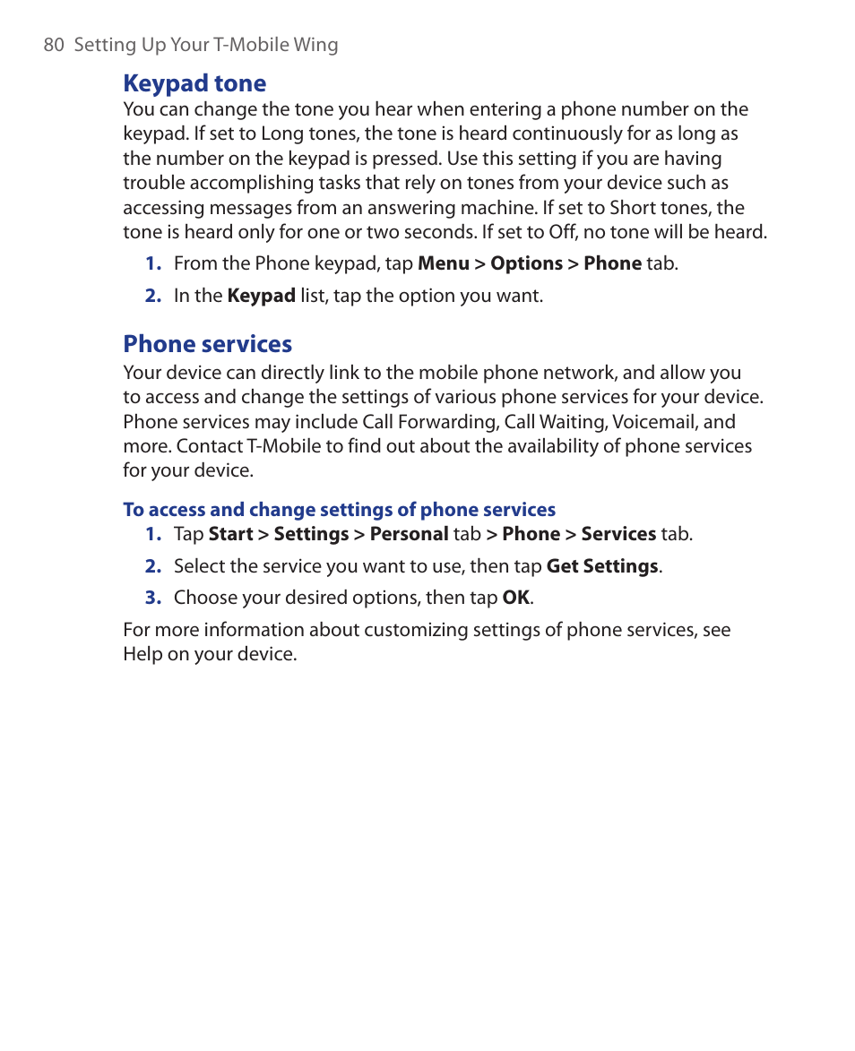 Keypad tone, Phone services | ArcSoft Wing HERA110 User Manual | Page 80 / 258