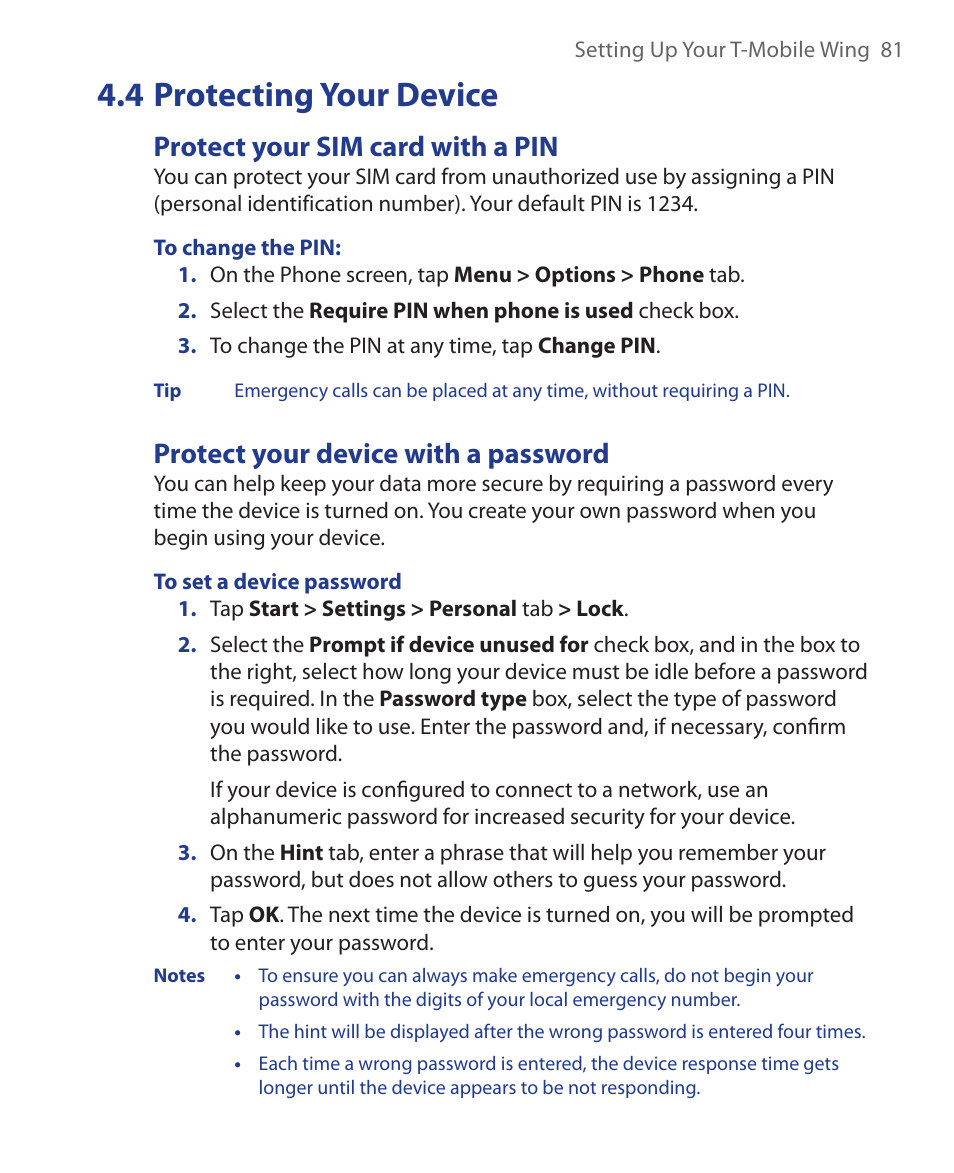 4 protecting your device, Protect your sim card with a pin, Protect your device with a password | ArcSoft Wing HERA110 User Manual | Page 81 / 258