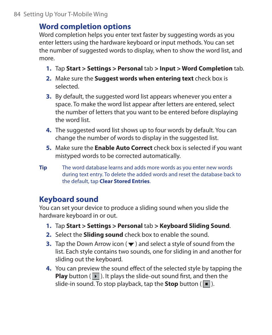 Word completion options, Keyboard sound | ArcSoft Wing HERA110 User Manual | Page 84 / 258
