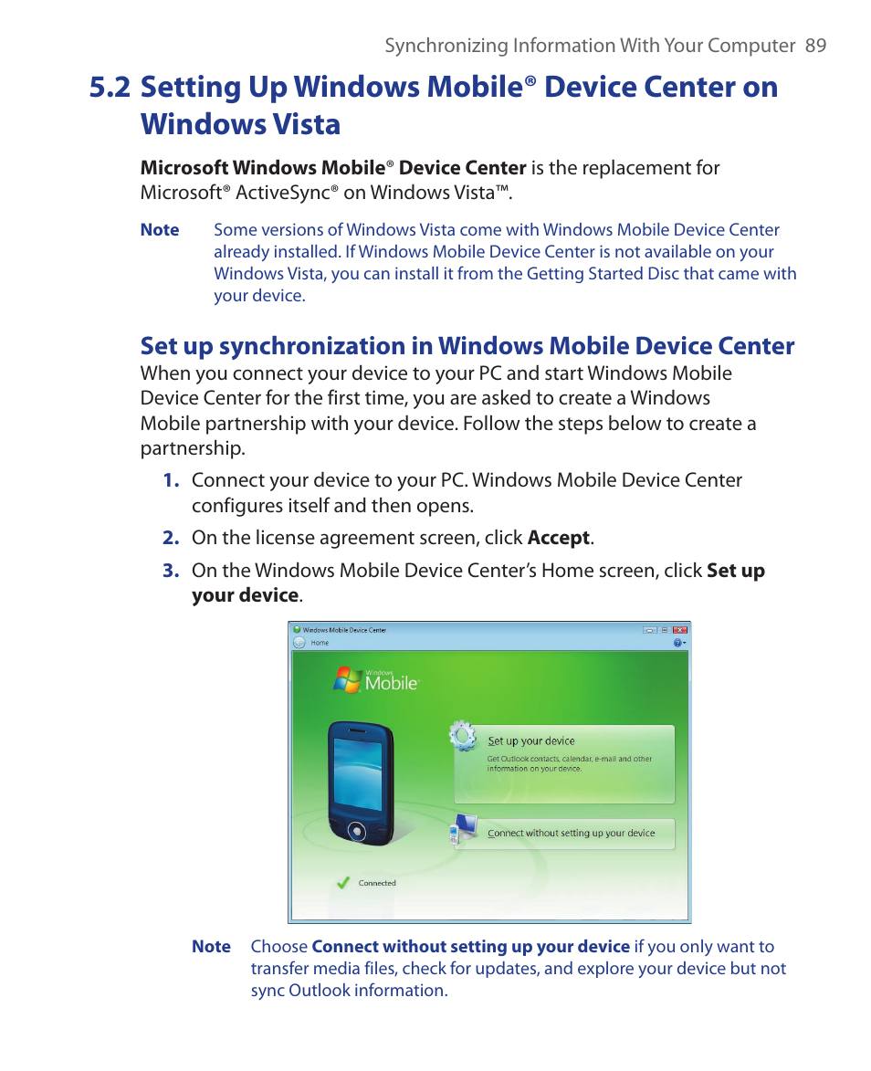 2 setting up windows mobile® device center, On windows vista | ArcSoft Wing HERA110 User Manual | Page 89 / 258