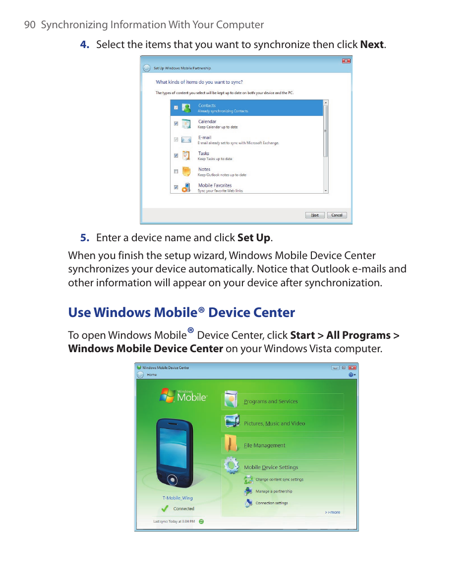 Use windows mobile, Device center | ArcSoft Wing HERA110 User Manual | Page 90 / 258
